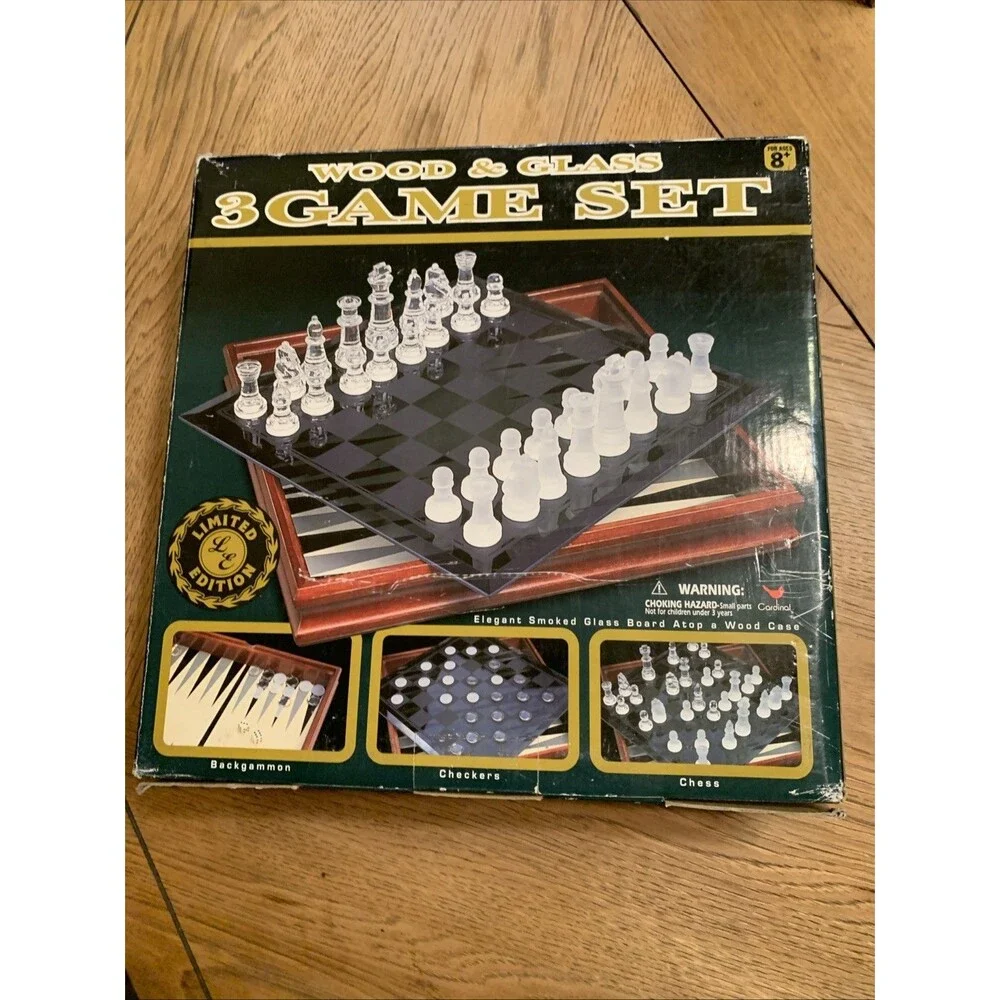 GLASS & WOOD 3 GAME SET CHESS - CHECKERS - BACKGAMMON CARDINAL MODEL 82-25 NOB